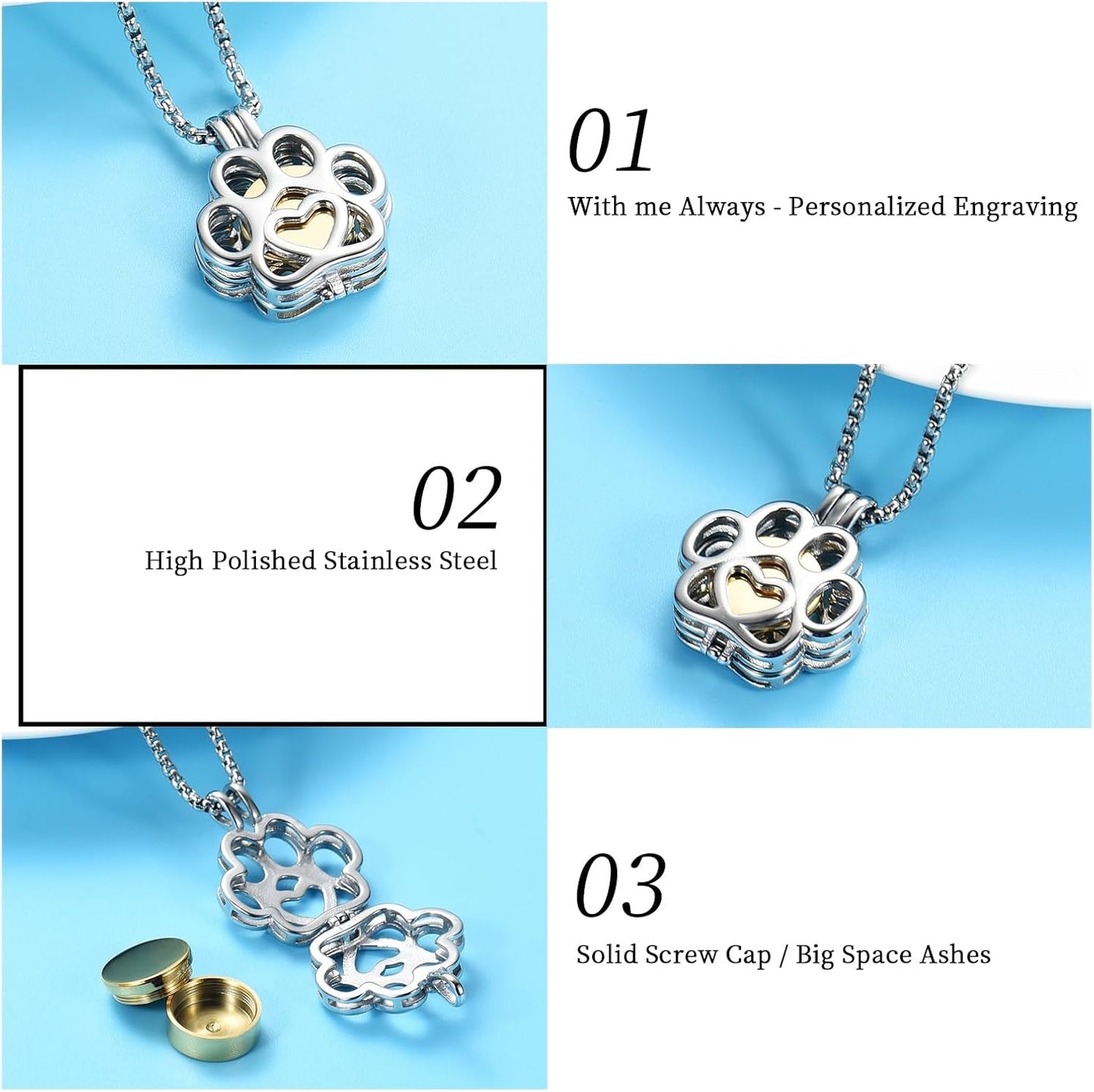 Oinsi Pet Cremation Jewelry For Ashes For Dog/Cat Paw Stainless Steel Memorial Locket Urn Necklace Inside Mini Case Keepsake Cremation Jewelry Women Men
