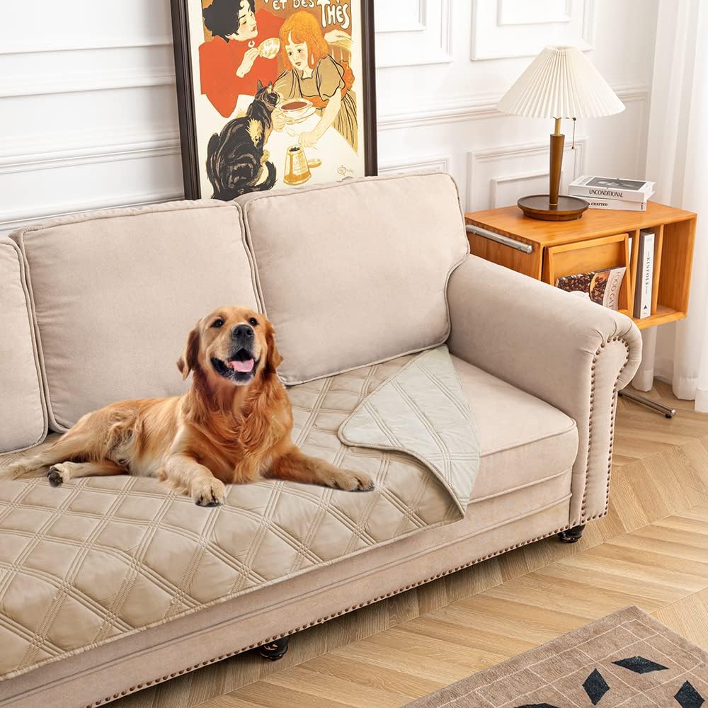 fuguitex Waterproof Dog Blanket, Pet Friendly Reversible Throw Essential for Small Dogs, Tear Resistant Leakproof Washable Couch Cushion Bed Protector Cover for Indoor Furniture（30"*90",Beige+Cream
