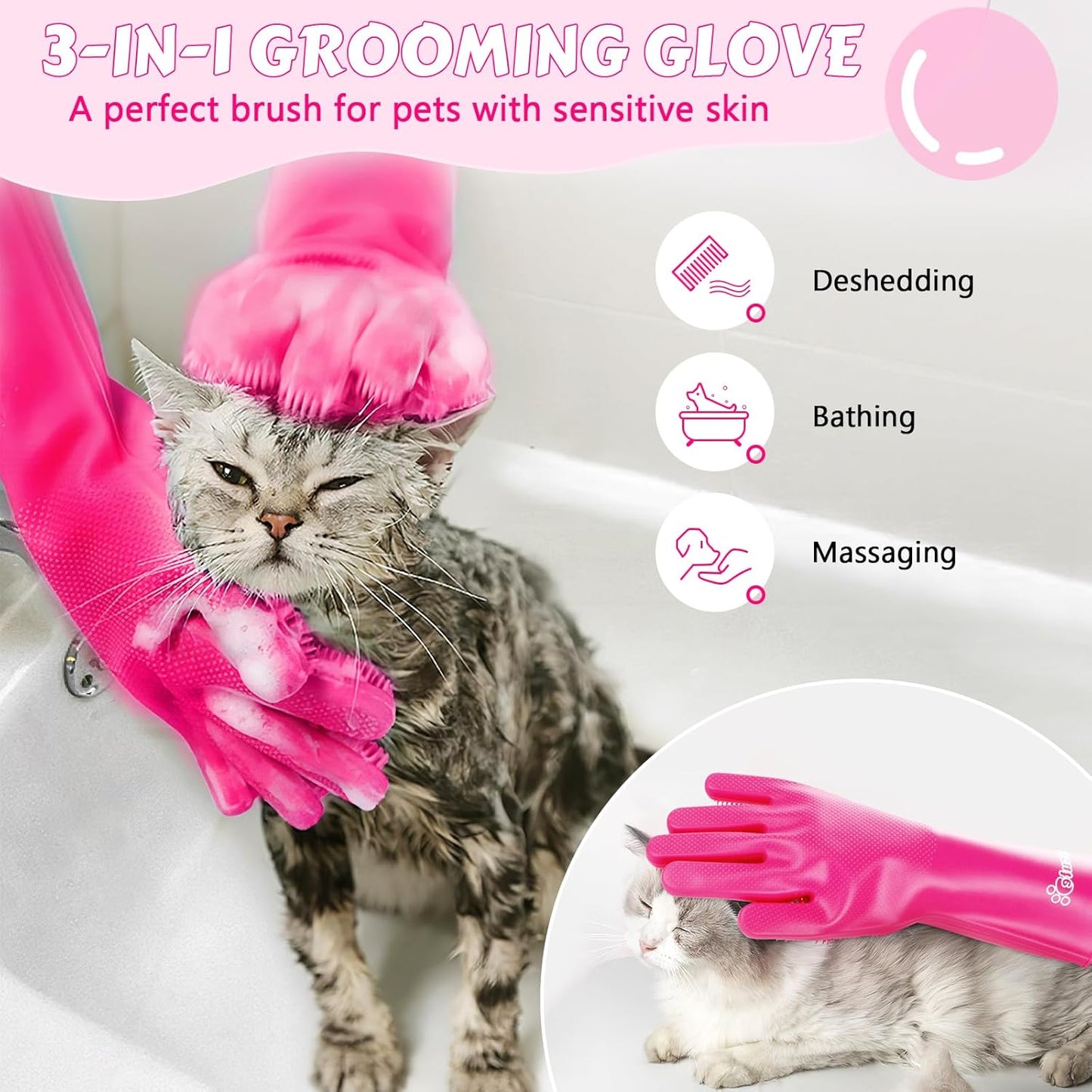 Pecute Pet Grooming Gloves - Heat Resistant Silicone Gloves with High-Density Teeth and Enhanced Five Finger Design for Bathing and Massaging Dogs and Cats (Pink)
