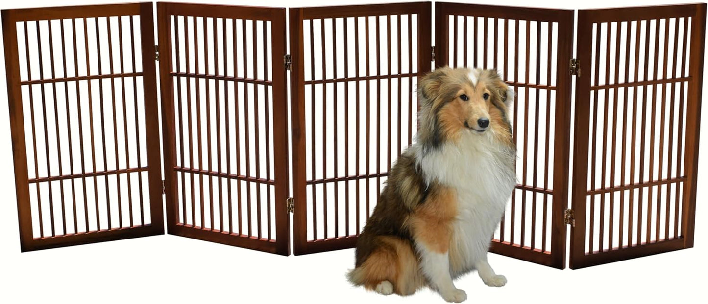 Pet Dog Gate Strong and Durable Freestanding Folding Acacia Hardwood Portable Wooden Fence Indoors or Outdoors by Urnporium (Brown Pet Gate, 5 Panel 30" Tall)
