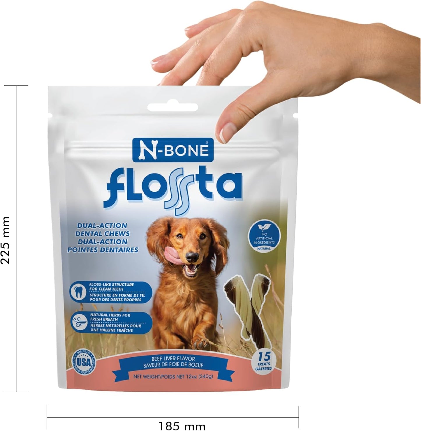 N-Bone FLOSSta Dental Chews for Dogs – Natural Beef Liver Flavor, No Dyes, Grain-Free, Breath Freshening, Plaque & Tartar Control, Digestible Teething Aid – 12 oz Bag