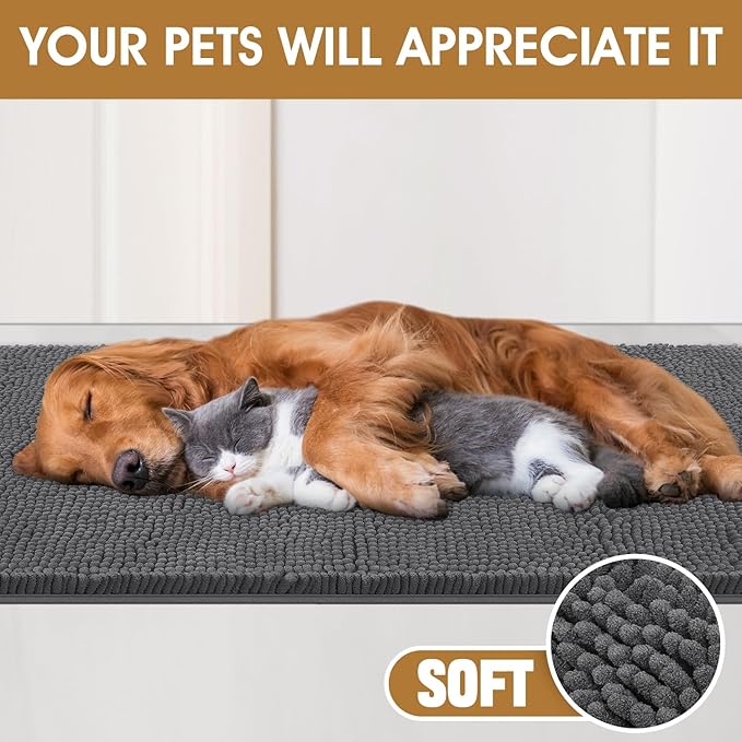 4 Pieces Muddy Door Mats for Dogs, Chenille Absorbent Pet Mats, Quick Dry, Trap Dirt Non Slip Heavy Indoor Doormat Soft Dog Bed Mat Front Inside Door Mat for Indoor Outdoor Entrance,Grey