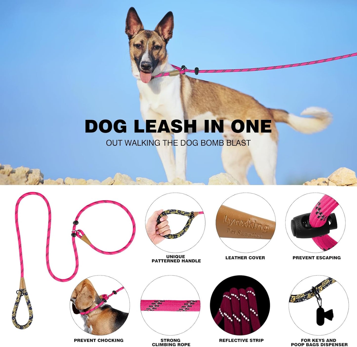 lynxking Slip Lead Dog Leash Reflective, Heavy Duty Comfortable Strong Rope Leash for Large, Medium Small Dogs No Pull Pet Training (Pink, Small 3/8in x 6ft-Slip Lead)