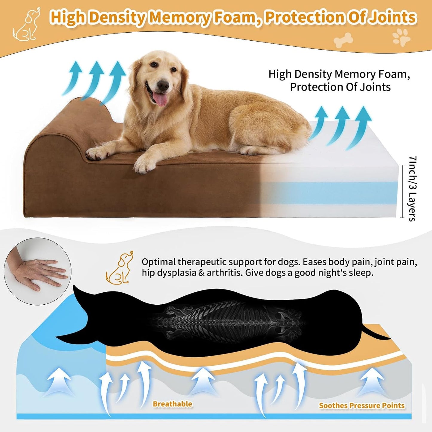 Orthopedic Dog Beds for Large Dogs, Memory Foam Dog Beds with Waterproof Liner, Chew Proof Microsuede Cover, Removable and Washable, Nonskid Bottom, 60"x48"x7" Chocolate