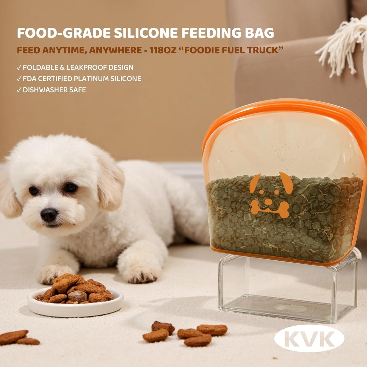 Extra Extra Large Silicone Dog Food Mat 39.4×43.3in and 128oz Silicone Bag Set, Super Size Waterproof Pet Feeding Mat & Container, Non-Slip, Chew-Resistant Floor Protection (Taupe&Orange)