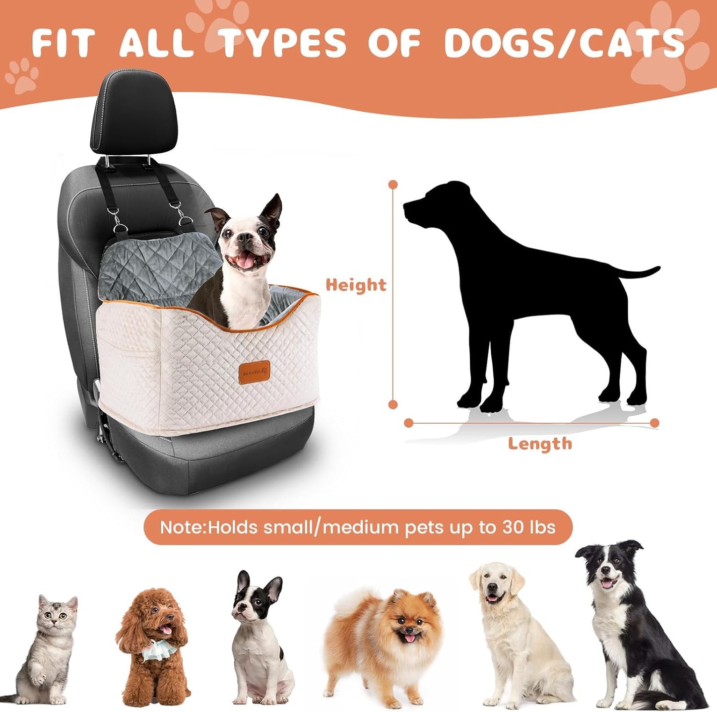 Memory Foam Booster Dog Car Seat with Washable Removable Cover, Elevated Pet Car Seat, Anti-Slip Sturdy Booster Seats for Small Dogs 35lbs, Seat Belt, Storage Pocket, Dog Blankets