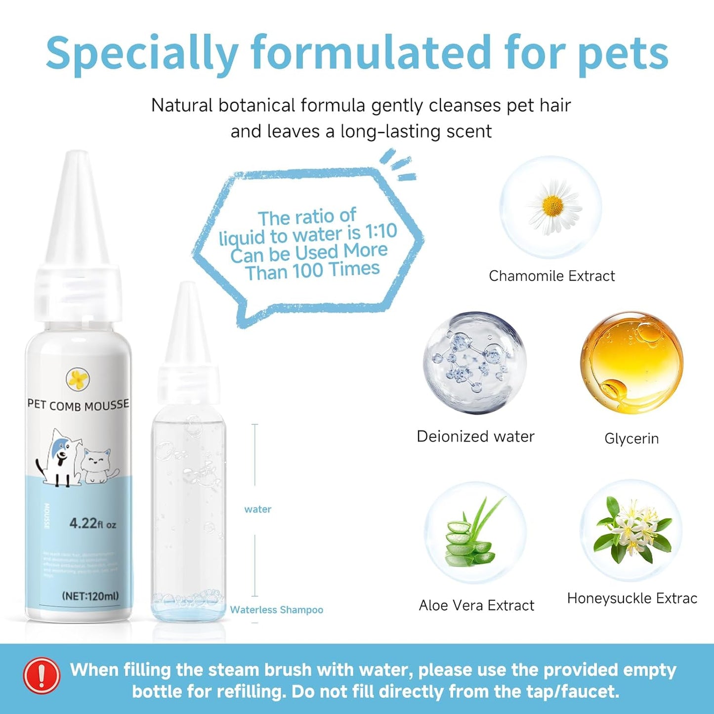 Pet Steam Brush for Dog & Cat - 3-in-1 Steam Grooming Brush for Shedding - Self Cleaning Spray Comb with Mist for Long Haired Pets - Includes Waterless Shampoo & undercoat rake, Blue