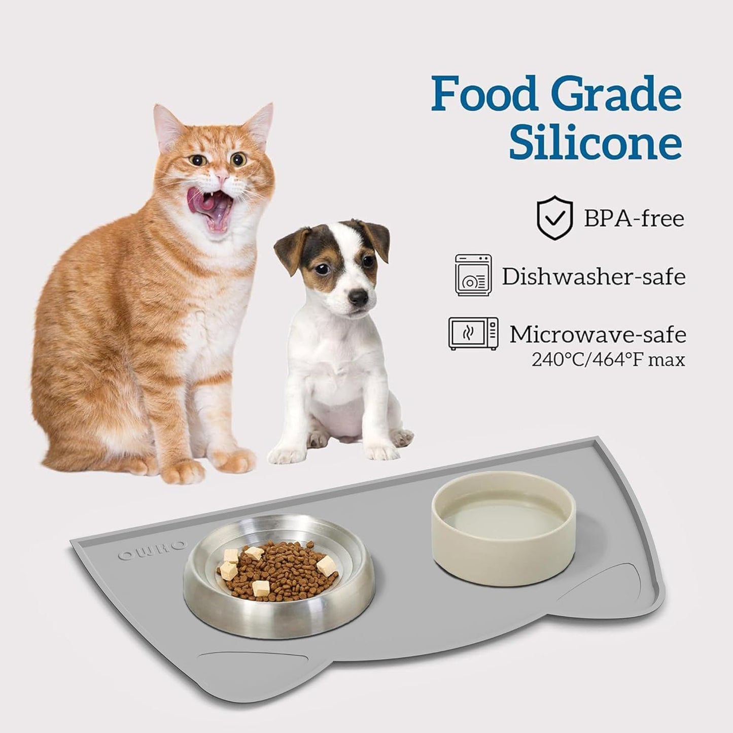 OHMO - Cat Food Mat, Silicone Pet Feeding Mat for Floor Non-Skid Waterproof Dog Water Bowl Tray, Easy to Clean Pet Placemat (Ash Light Grey, 18 * 9.8'')