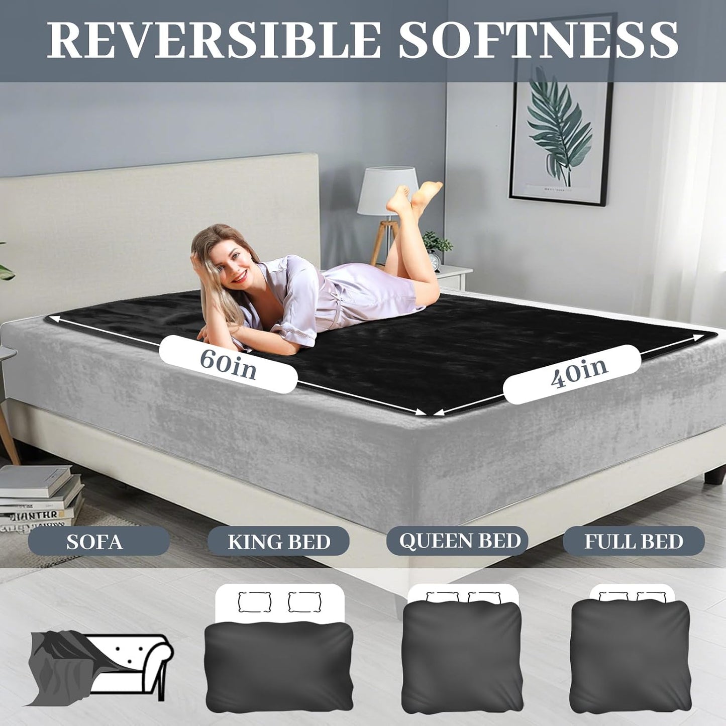 Love Black Waterproof Bed Blanket, Throw Size S 40'' x 60'' Double Side Leakproof Reversible Sherpa Flannel Fleece 3 Layer Lightweight Blanket, Absorbs 25oz