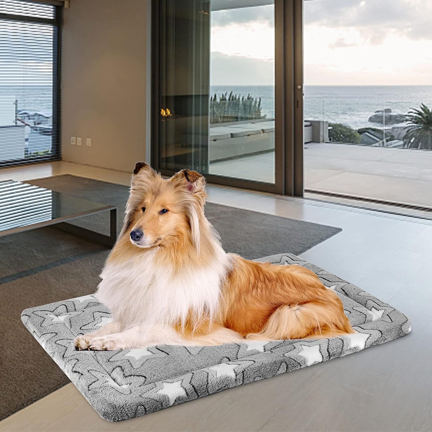 EMPSIGN Fancy Dog Bed Mat, Pet Bed Pad Reversible (Cool & Warm), Machine Washable Crate Pad, Pet Sleeping Mat for Small to XXX-Large Dogs, Grey, Star Pattern,XXL (48inch X30inch X1.1'')