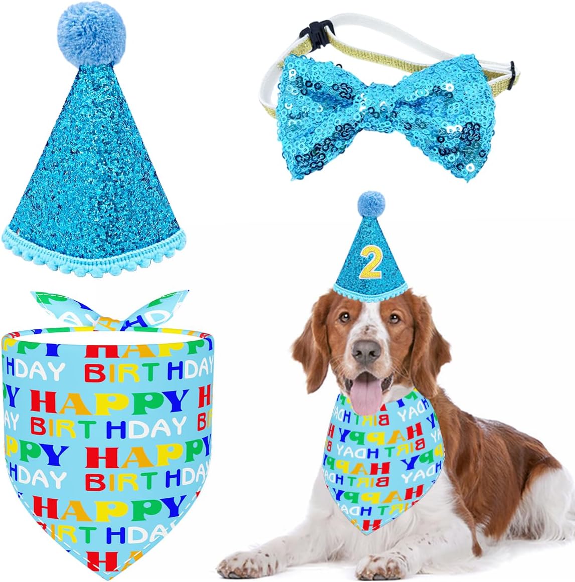 PET SHOW 3Pcs Blue Small Dog Birthday Bandana Set for Boys Female with Puppy Cone Hat and Sequin Bowtie Cat Party Supplies for Dogs Cats Puppies