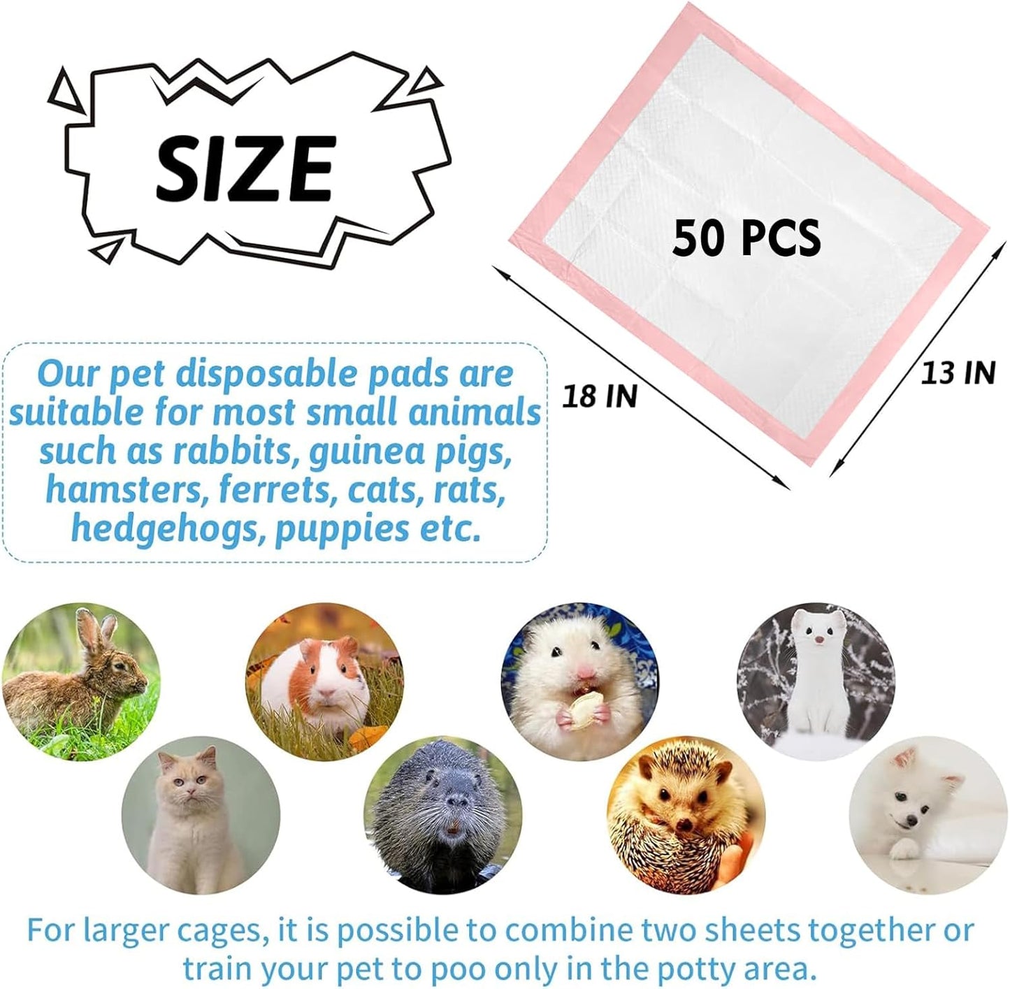 Tfwadmx Rabbit Pee Pads 50 Pcs 18"× 13" Disposable Cage Liners Leak-Proof Super Absorbent Potty Training Pad for Puppy Guinea Pigs Hedgehog Hamsters Chinchillas Cats and Other Small Animals