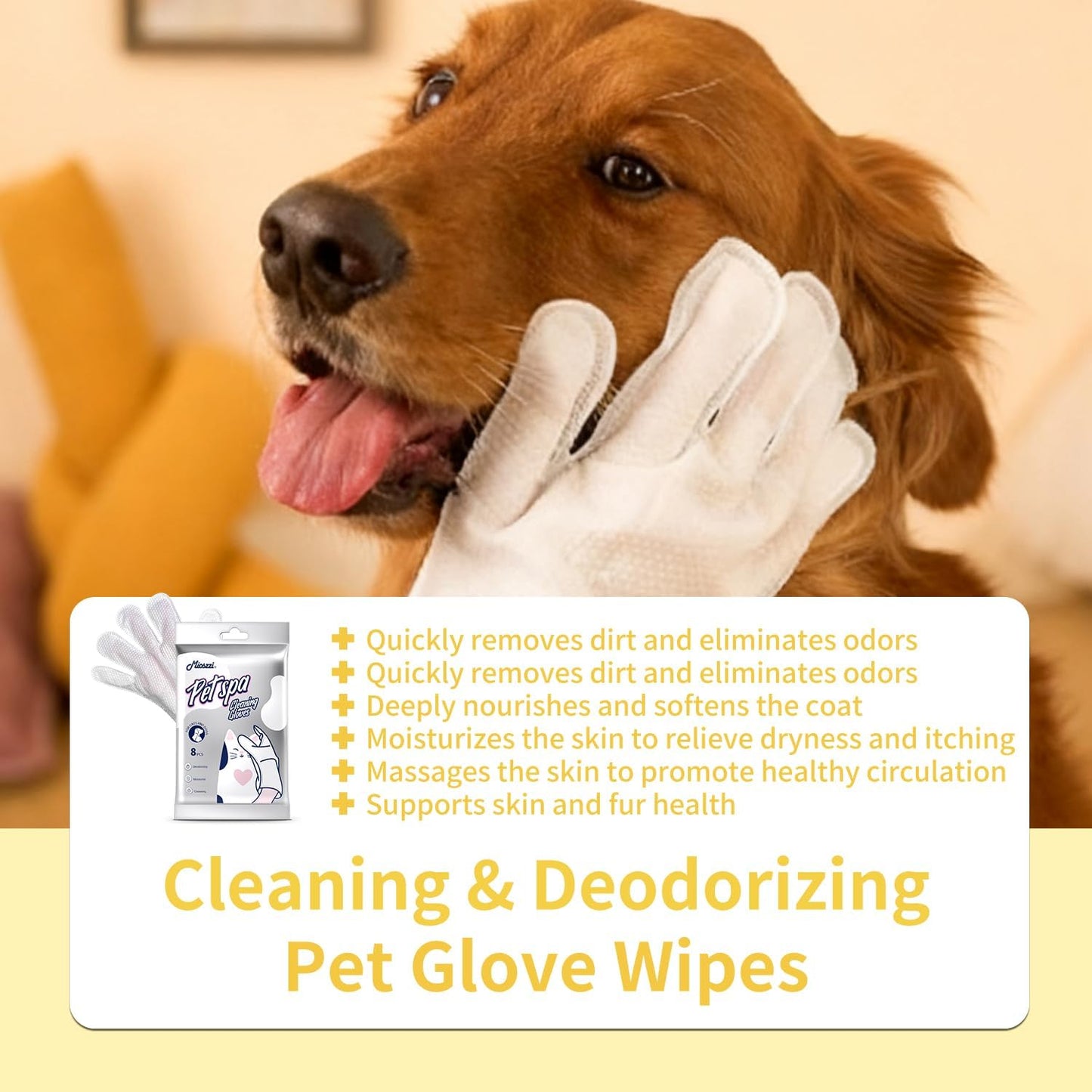 MIOSSZI Pet Gloves Wipes for Dogs & Cats Wipes Cleaning Deodorizing Hypoallergenic No-Rinse Pet Grooming Wipes Unscented Extra Thick Bathing Wipes for Pet Dry Cleaning Daily Care and Travel 8 pcs