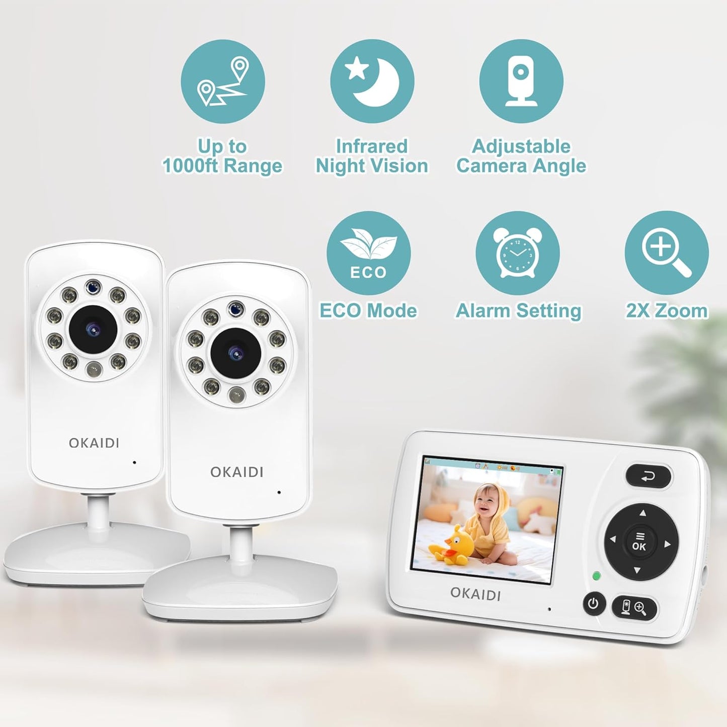 OKAIDI Video Baby Monitor with 2 Cameras, 2.4'' Portable Travel Screen, 1000ft Long Range Transmission, Baby Monitor No WiFi, Infrared Night Vision, VOX Mode