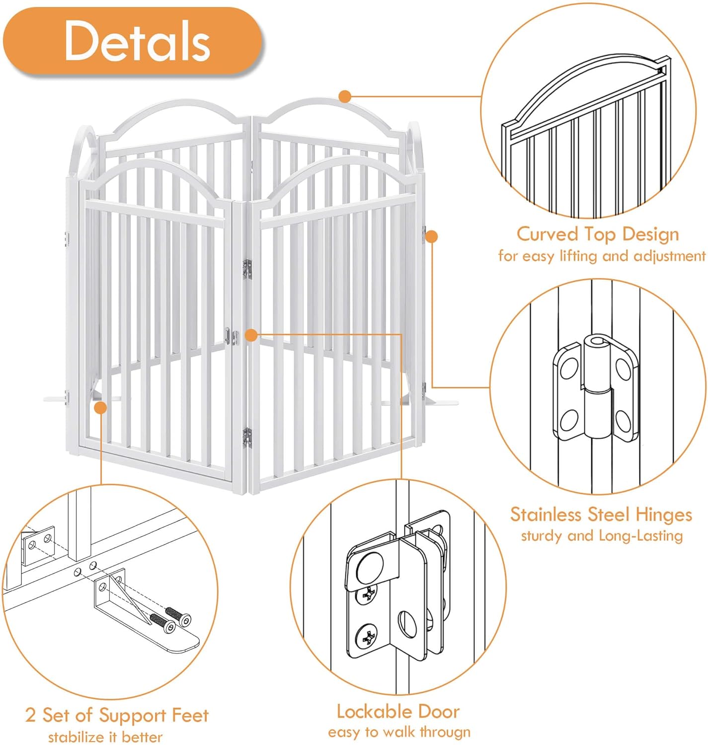 UDD Dog Gate Indoor 144" Extra Wide, 32" Tall Foldable Pet Gate with Door for Stairs Doorways Hallways Porch, Freestanding No Drilling Metal Pet Fence for Dogs Puppy, White 6-Panel
