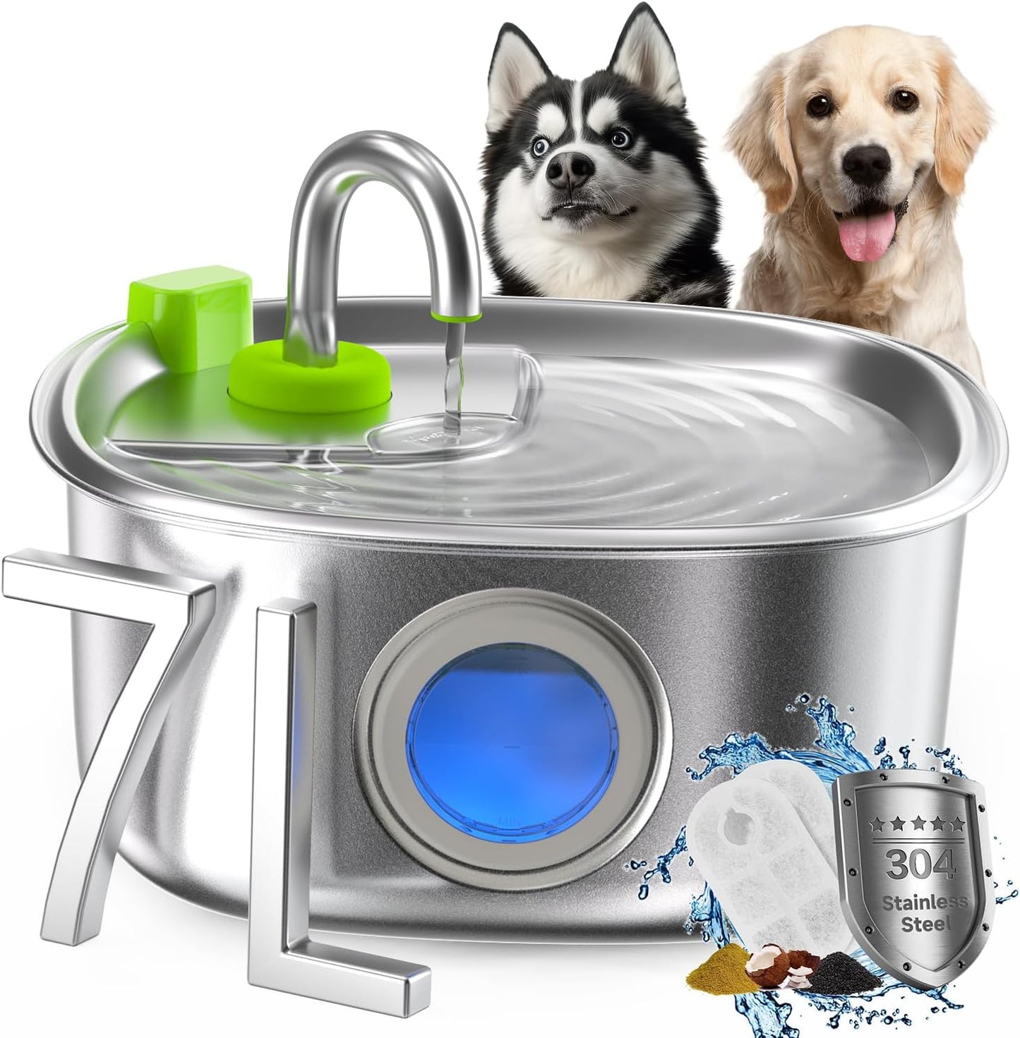 Dog Water Fountain Stainless Steel, 236 Oz/7L Automatic Dog Water Bowl Dispenser, Quiet Cat and Pet Water Dispenser Fountain with 2 Filters for Large Dogs, Cats, Multi-Pets - FS20