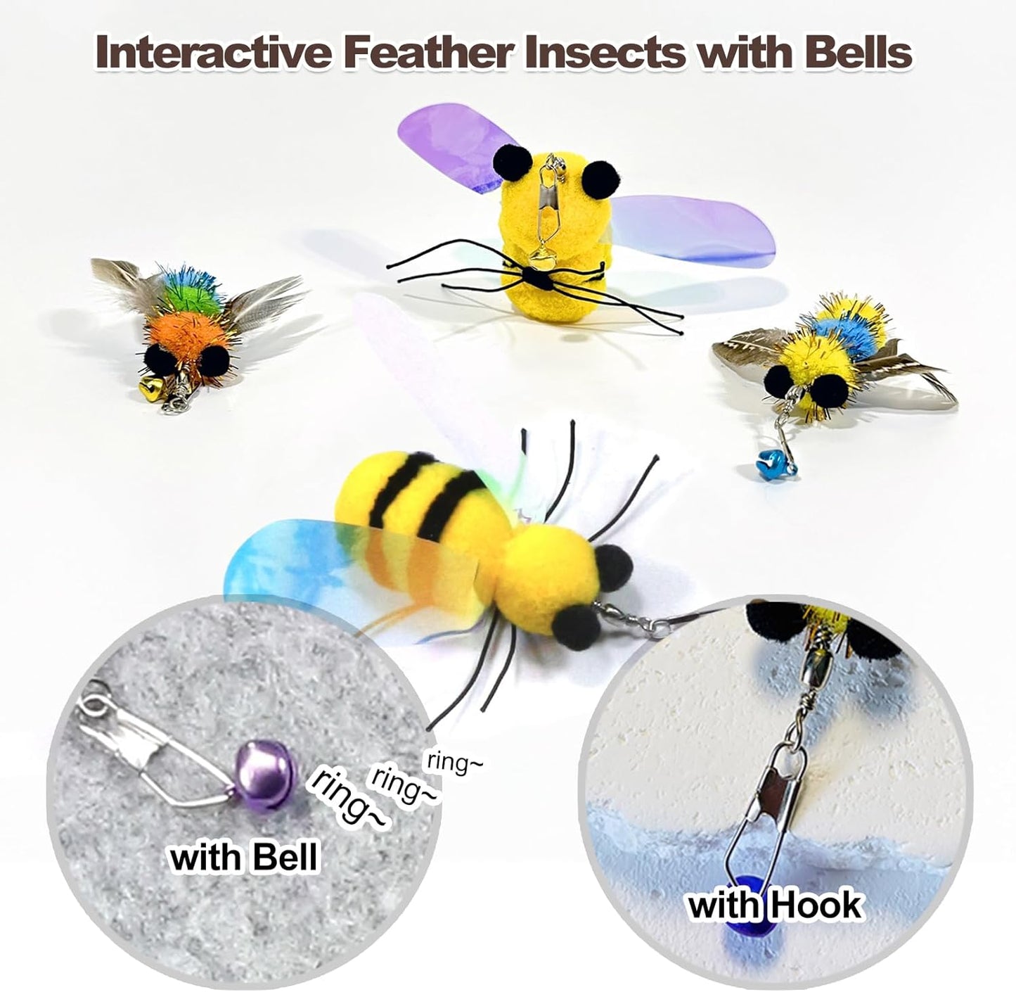 Kingtree Cat Teaser Wand Toys, 8 Pack Feather Wand Cat Toy Set with 6Pcs Insects Feather Refills & 2Pcs Flexible Steel Wire Teaser Wands, Interactive Pet Feather Toys for Play Chase Exercise