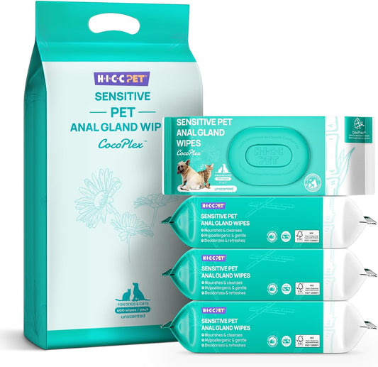 HICC PET Wipes for Dogs & Cats, Vet Recommended Cleansing Deodorizing & Soothing Allergy Infections Anal Gland Pets Wipes with Coconut Oil, Hypoallergenic Dog Grooming Wipe for Butt Paw Stain Remover