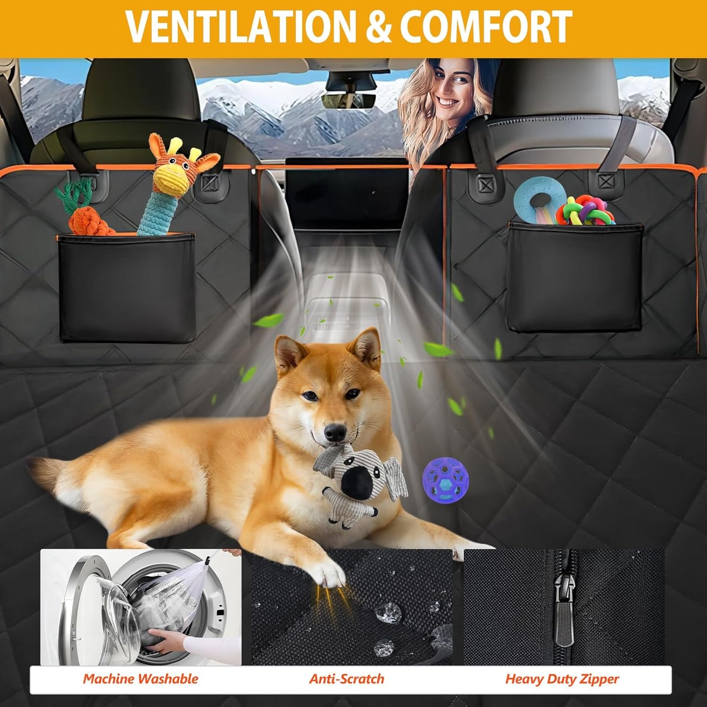 Back Seat Extender for Dogs - Holds 420lb, Hard Bottom Dog Bed Back Seat Cover, Pet Car Seat Cover Backseat Extender,Upgraded Material Waterproof Dog Hammock for Car，SUV, Truck, Black/Orange