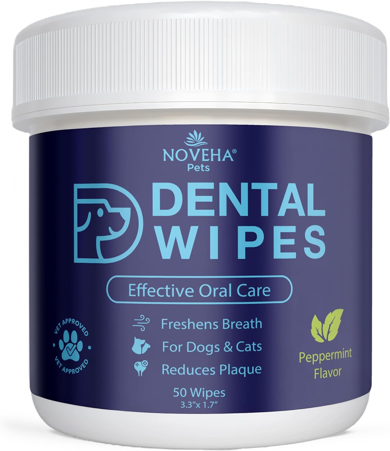 NOVEHA 50PCs Pets Dental Finger Wipes for Dogs & Cats | Freshens Breath, Reduces Plaque | Healthier Gums | Clean Teeth No Toothbrush | Vet Recommended Effective Natural Oral Care | Mint Flavor