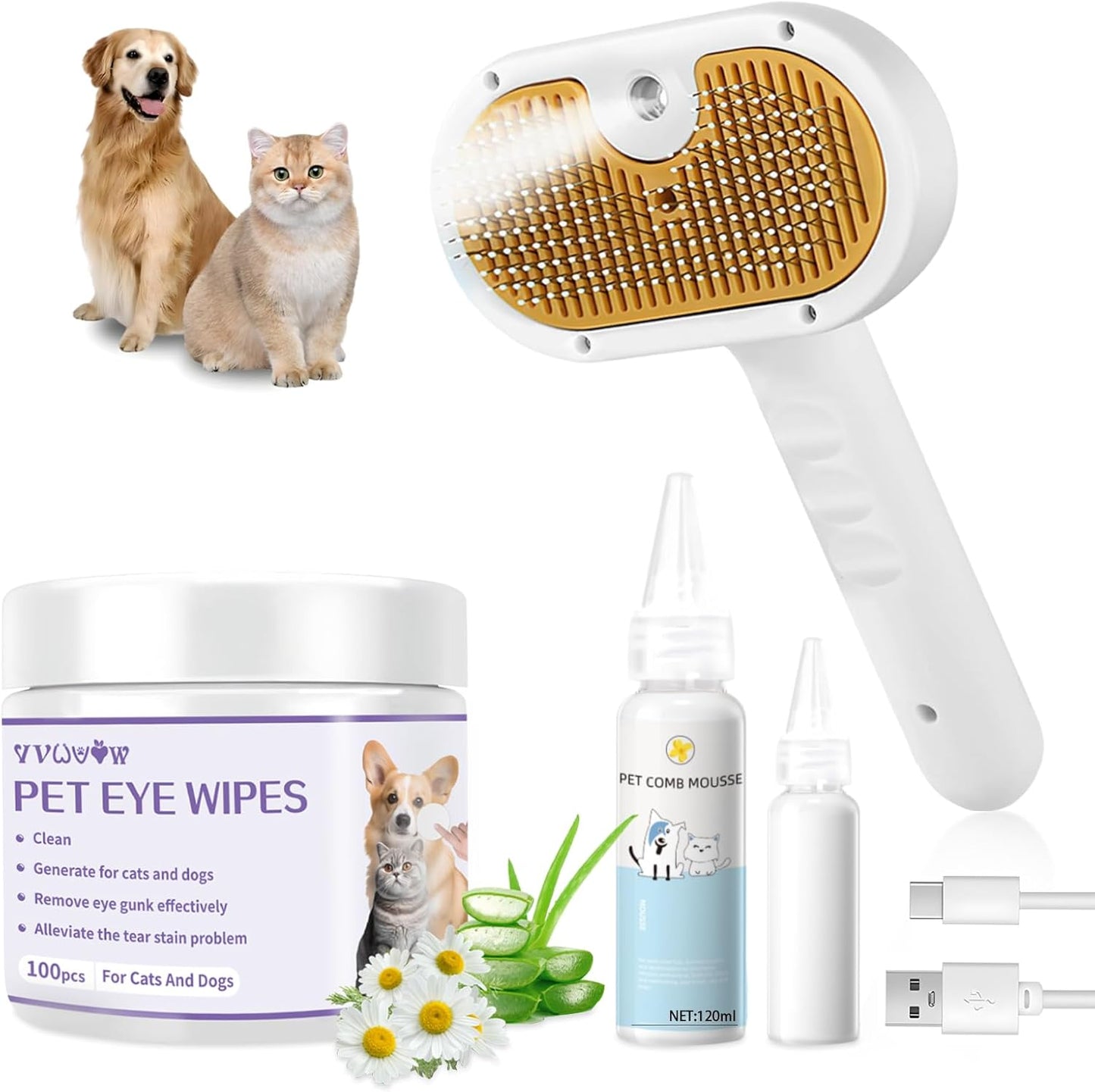 Pet Steam Brush for Dog & Cat – 3-in-1 Spray Hair Removal Comb – Steam Brush for Shedding & Grooming –Spritz Defur Comb–Includes Waterless Shampoo & Eye Wipes