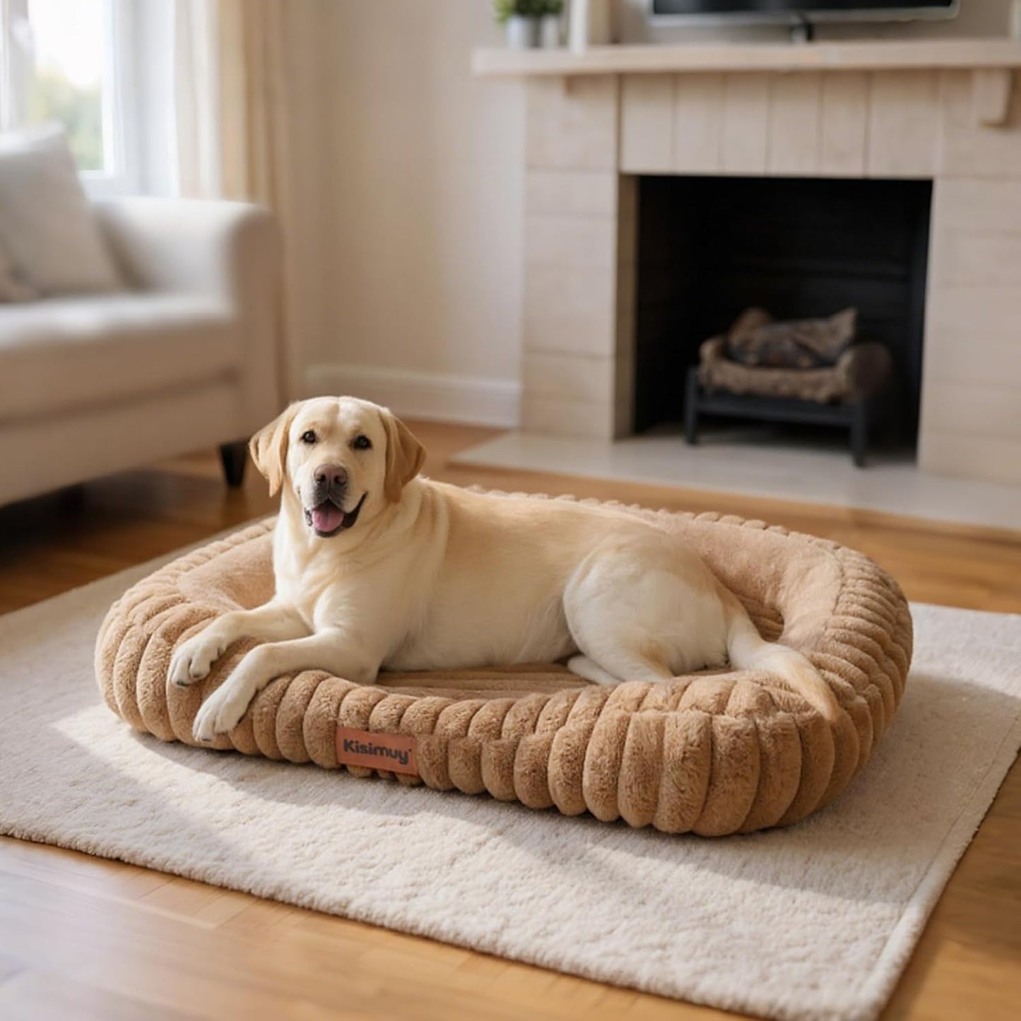 Cute Washable Dog Bed for Medium Large Dogs, Calming Furry Bolster Dog Bed, Durable Rectangle Anti-Anxiety Comfy Large Pet Bed, Removable Zipper Cover & Anti-Slip Bottom, 35x27x5inches, Brown