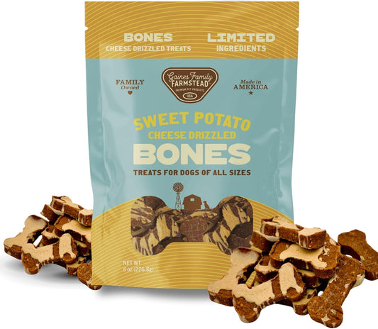 Gaines Family Farmstead Cheese Drizzled Sweet Potato Dog Bones - 8 oz Bag, Grain-Free, All-Natural Dog Treats for Digestion, Skin, Energy & Immunity – Limited Ingredient, Made in USA