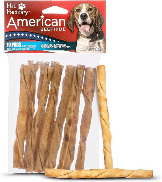 Pet Factory American Beefhide 5" Twist Sticks Dog Chew Treats - Chicken Flavor, 10 Count/1 Pack
