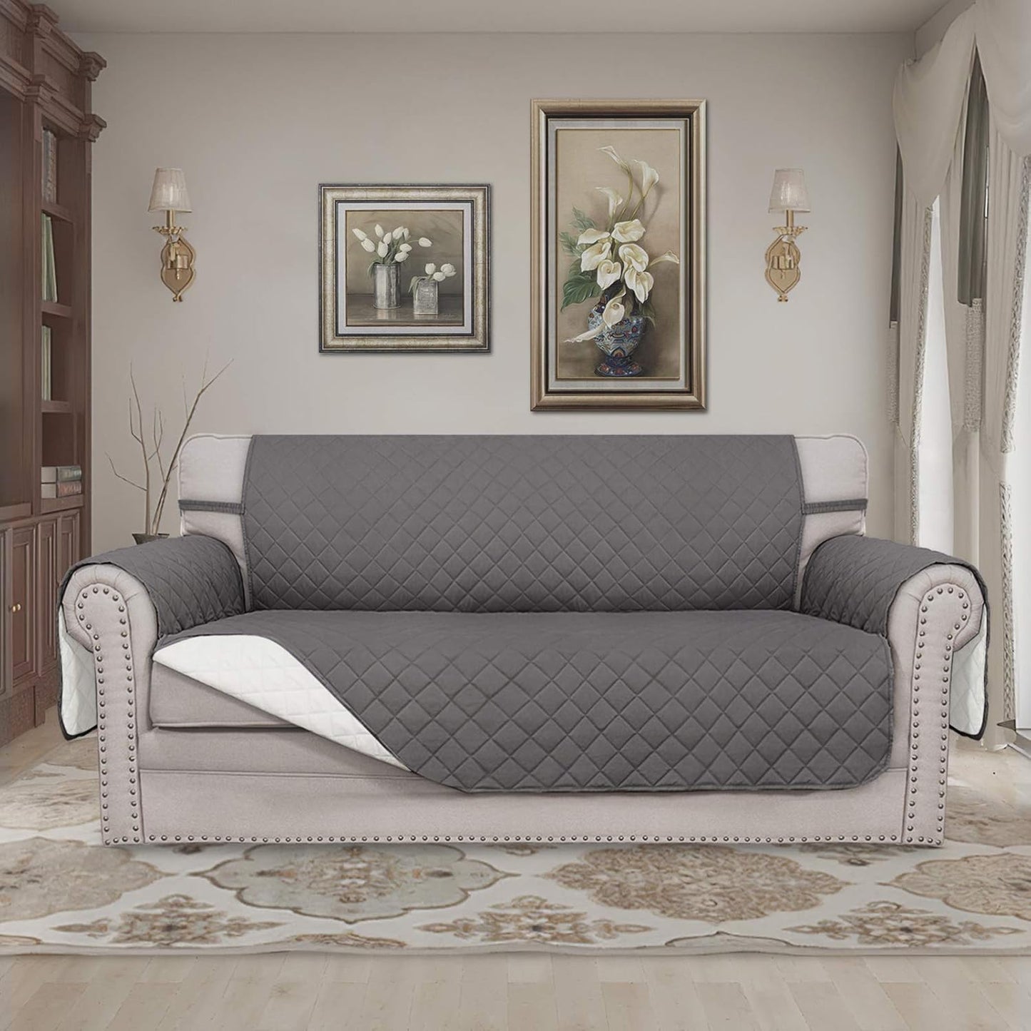 Easy-Going Sofa Slipcover Reversible Loveseat Sofa Cover Couch Cover for 2 Cushion Couch Furniture Protector with Elastic Straps for Pets Kids Dog Cat (Oversized Loveseat, Gray/Ivory)