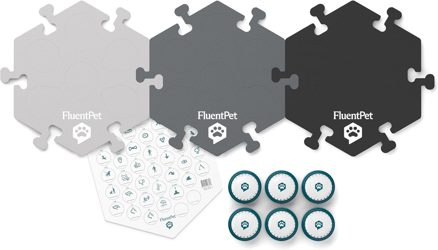 FluentPet Speak Up! Get Started Kit with Clearer Upward-Facing Sound - 6 Recordable Buttons for Dogs & 3 Grey HexTiles | Dog & Cat Communication Buttons Set | with Batteries