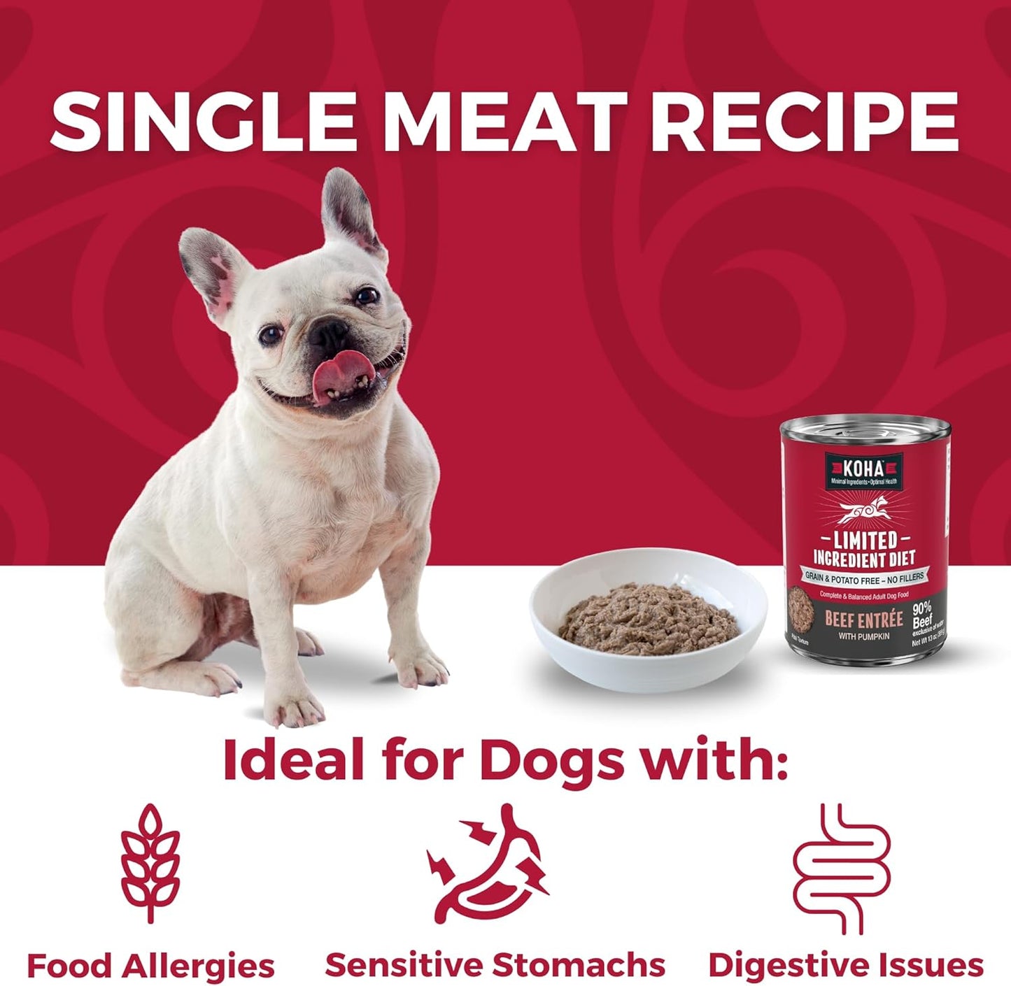 KOHA Limited Ingredient Diet Beef Entrée for Dogs - Grain Free Wet Dog Food with No Fillers - Sensitive Stomach Beef Dog Food 13 oz Pack of 12