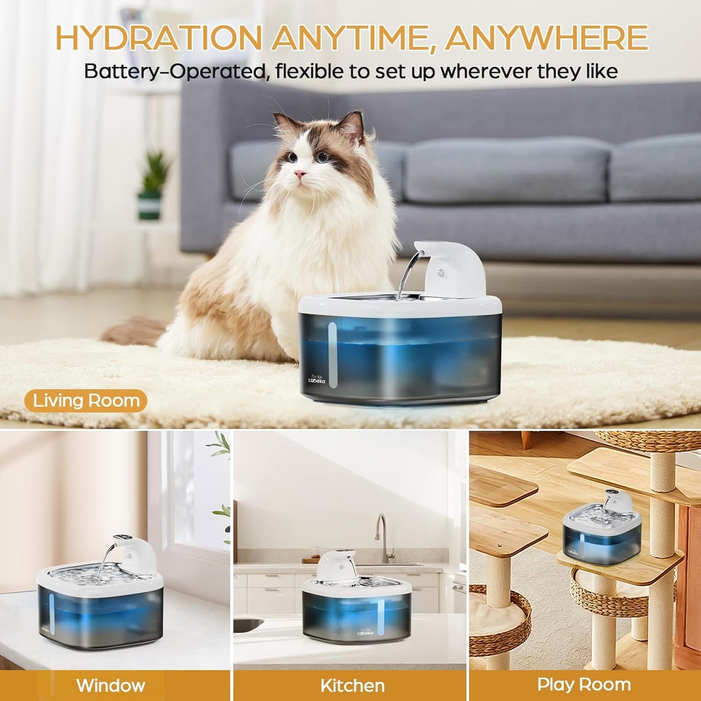 Wireless Cat Water Fountain, 118oz/3.5L Battery Operated Cat Fountain with Stainless Steel Tray, Ultra Quiet with Motion Sensor Automatic Pet Water Dispenser for Cats Dogs Multiple Pets