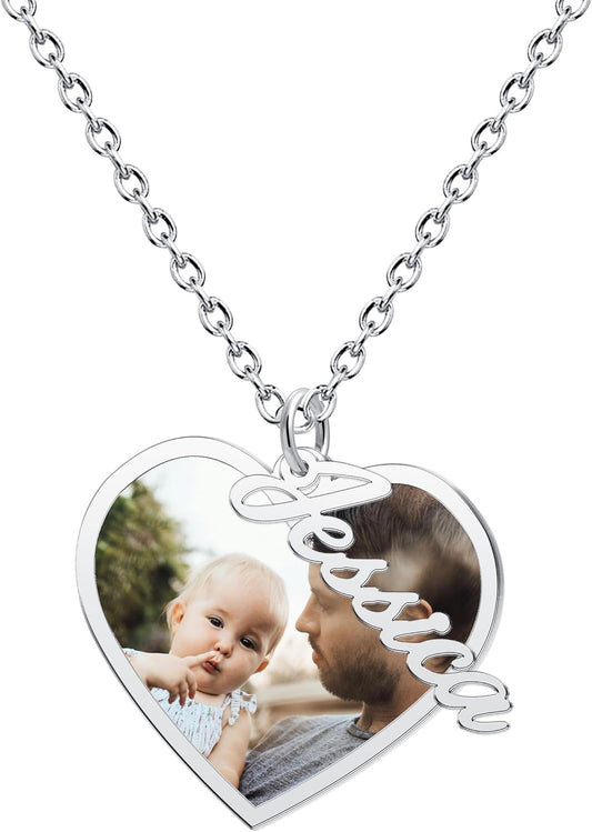 CharmSStory Personalized Photo Necklaces Custom Engraved Name Necklace Memory Keepsake Picture Necklace Pendant Customized Gifts for Women Men