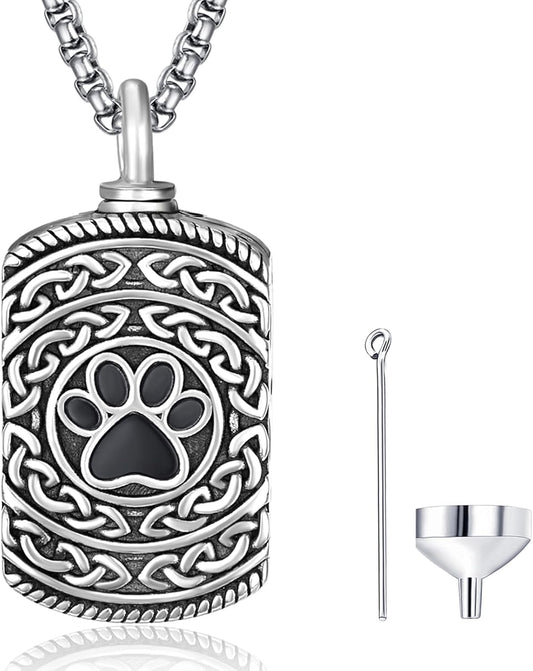 Pet Cremation Urn Necklace for Dog Cat Ashes 925 Sterling Silver Paw Print Keepsake Pendant Celtic Knot Memorial Jewelry for Women Men