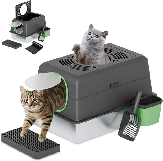 Extra Large Enclosed Stainless Steel Cat Litter Box Enclosure with Lid, Front Dual-Door and Top Exit Metal Cat Litter Pan Box for Big Cats, with Poop Scoop,Box Step, Waste Bin & Trash Bags, Black