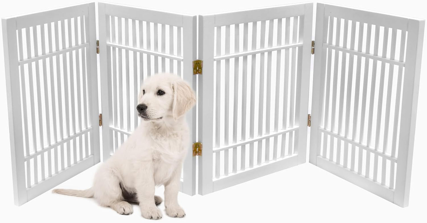 Pet Dog Gate Strong and Durable Freestanding Folding Acacia Hardwood Portable Wooden Fence Indoors or Outdoors by Urnporium (White Pet Gate, 4 Panel 24" Tall)