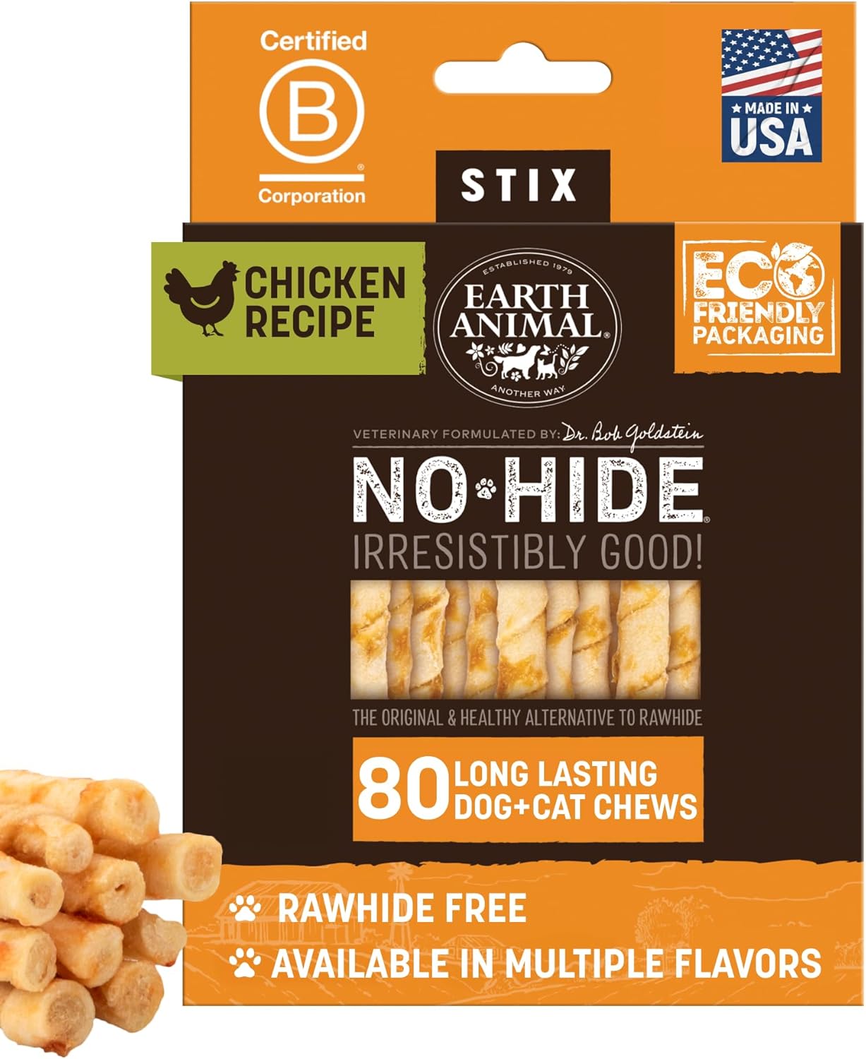 Earth Animal No-Hide Stix Chicken Recipe Natural Rawhide Alternative Dog & Cat Chews - 80 Count Extra Value Pack