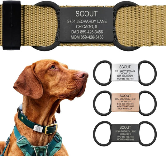 Personalized Dog Tags by ROAD iD | Silent & Durable | Jingle-Free Slide-On Design | Stainless Steel Name Tag Fits Any Collar | Multiple Colors & Sizes for Your Pet's Unique Style