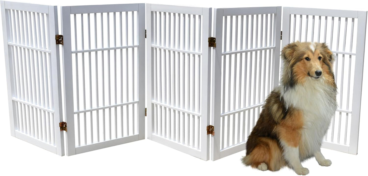 Pet Dog Gate Strong and Durable Freestanding Folding Acacia Hardwood Portable Wooden Fence Indoors or Outdoors by Urnporium (White Pet Gate, 5 Panel 30" Tall)