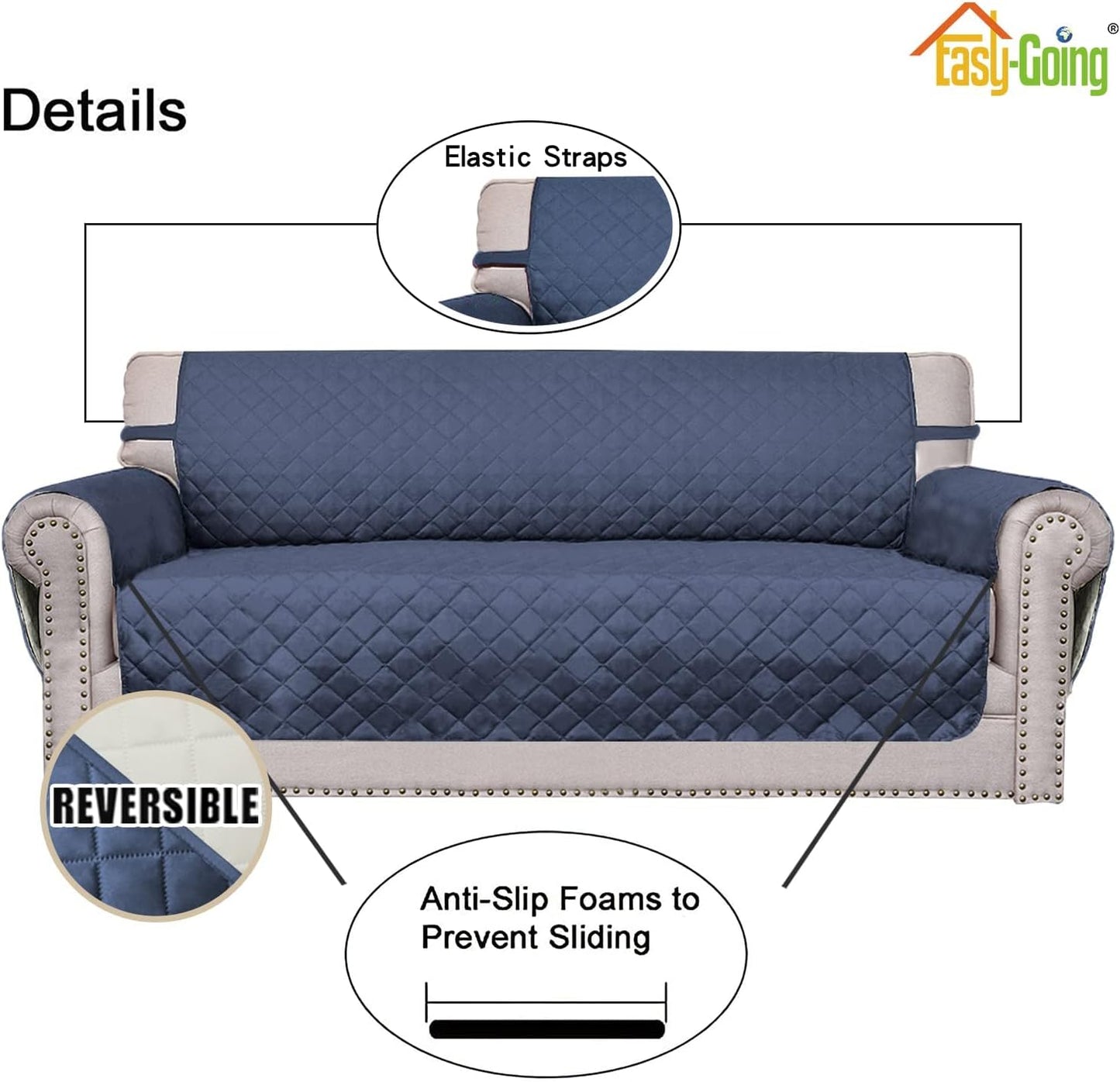 Easy-Going Reversible Loveseat Couch Cover for 2 Cushion Couch Sofa Cover for Dogs Water Resistant Furniture Protector with Foam Sticks Elastic Straps for Pet (Loveseat, Dark Blue/Ivory)