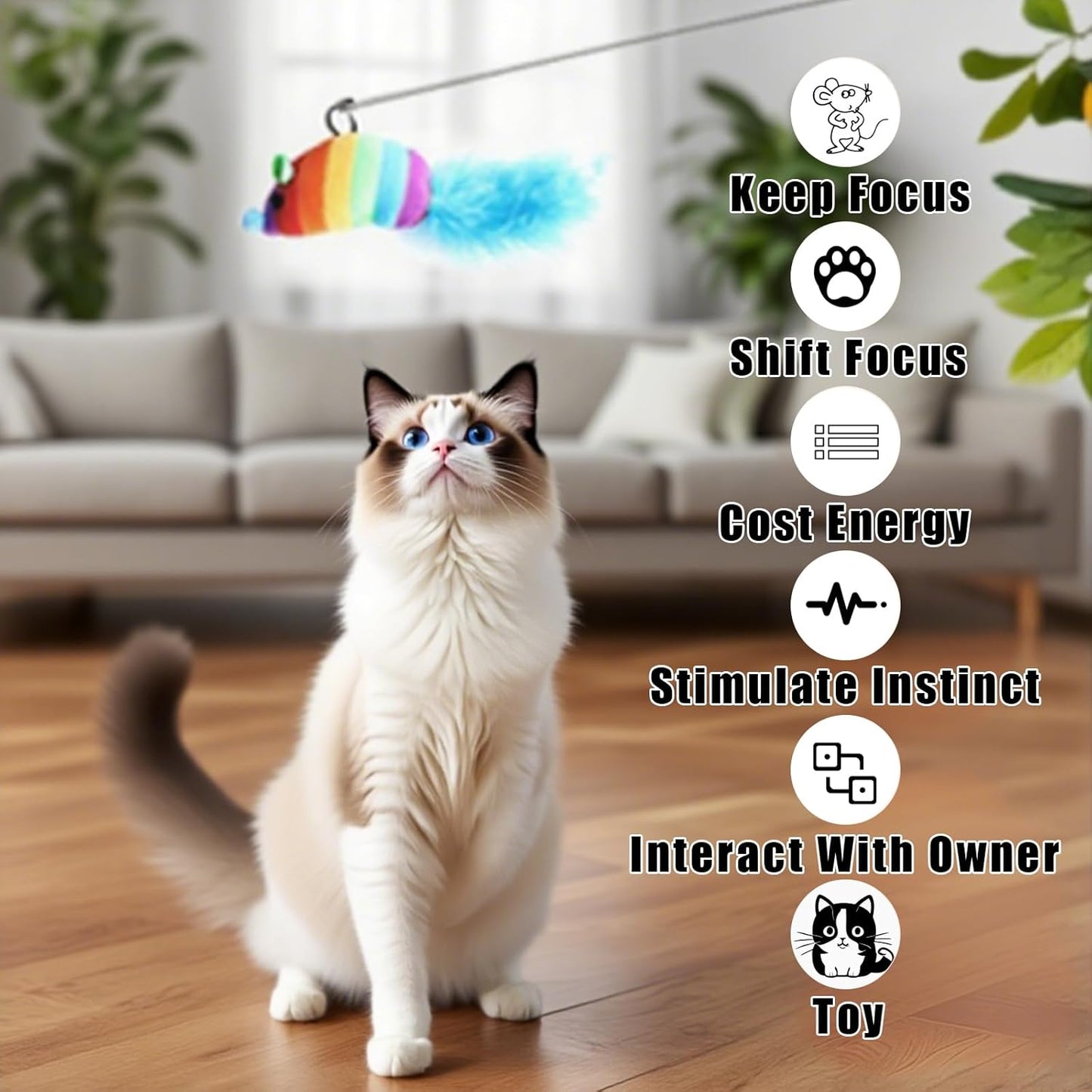 Interactive Cat Toys for Indoor Cats - Includes Wand, Feather, Hanging & String Toy