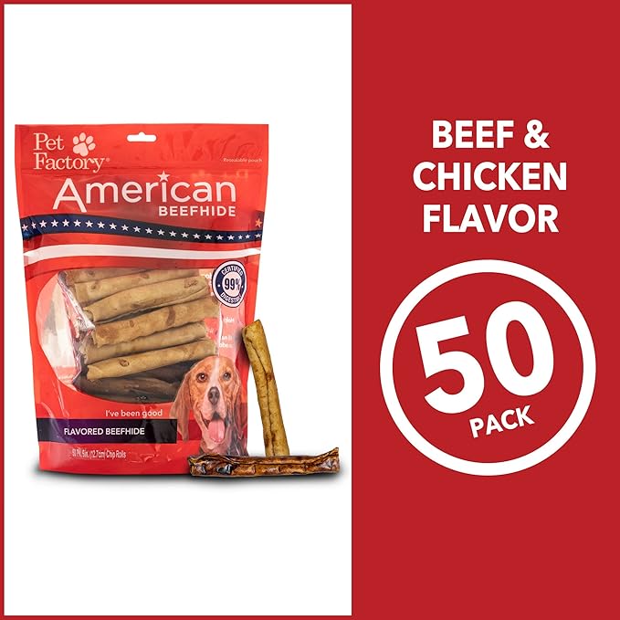 Pet Factory American Beefhide 5" Chip Rolls Dog Chew Treats - Beef & Chicken Flavor, 50 Count/1 Pack
