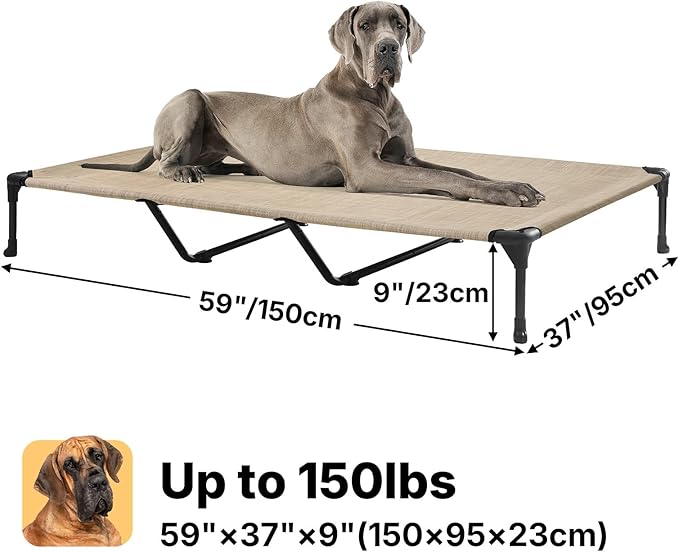 Veehoo Outdoor Elevated Dog Cot Bed-Cooling Raised Pet Bed for XX-Large Dog, Washable Breathable Mesh Hammock Bed with No-Slip Feet,Indestructible Ground Off Training Platform Cot-59x37.5 Beige Coffee