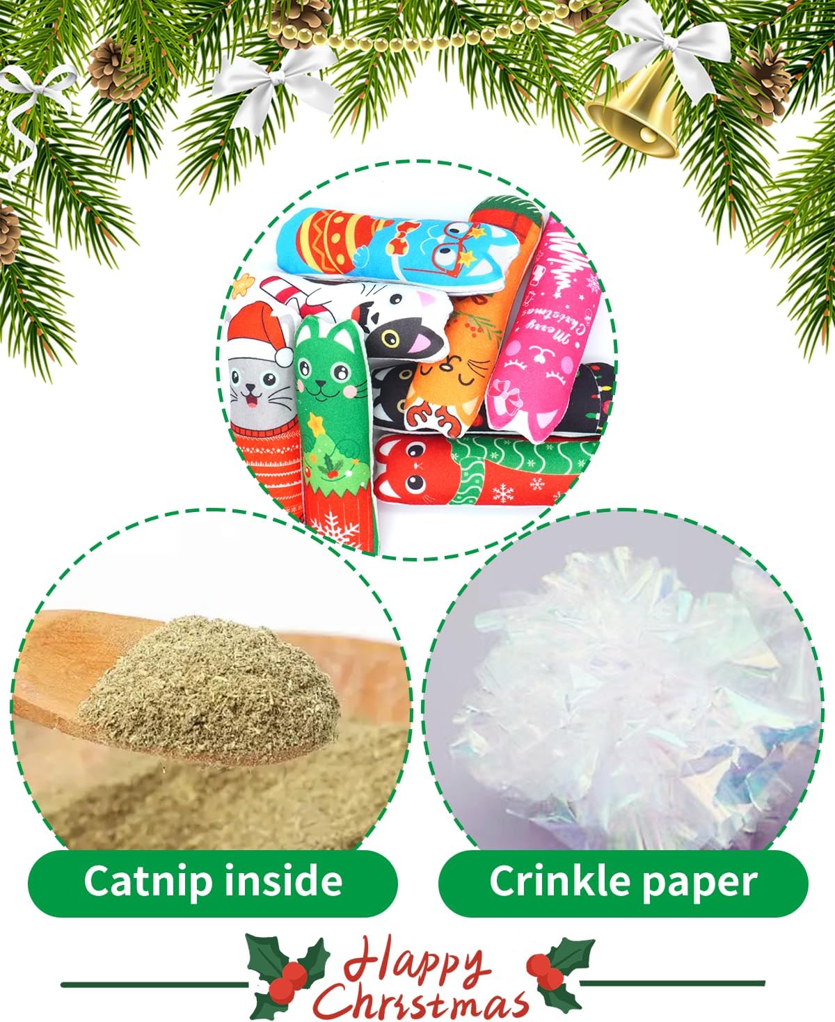 PET SHOW 8 Pack Christmas Cat Kicker Toys with Catnip Crinkle Sound Toys for Indoor Cats Xmas Santa Gift Patterns Plush Kittens Shape Natural Interactive Pet Kitty