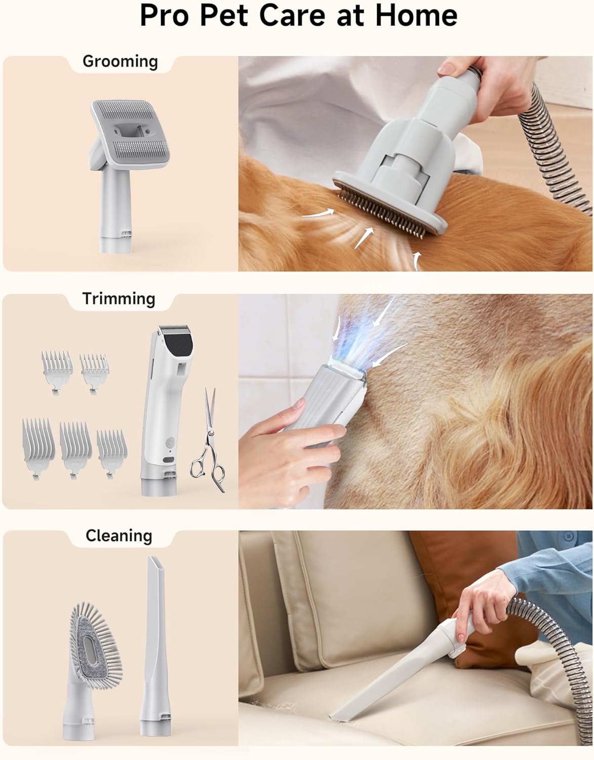 Hicozy S1+ Dog Grooming Vacuum, 12000Pa Minimum 50dB Quiet Dog Vacuum for Shedding Grooming with 2L Dust Cup, 6 Professional Pet Accessories with Clippers, Gray