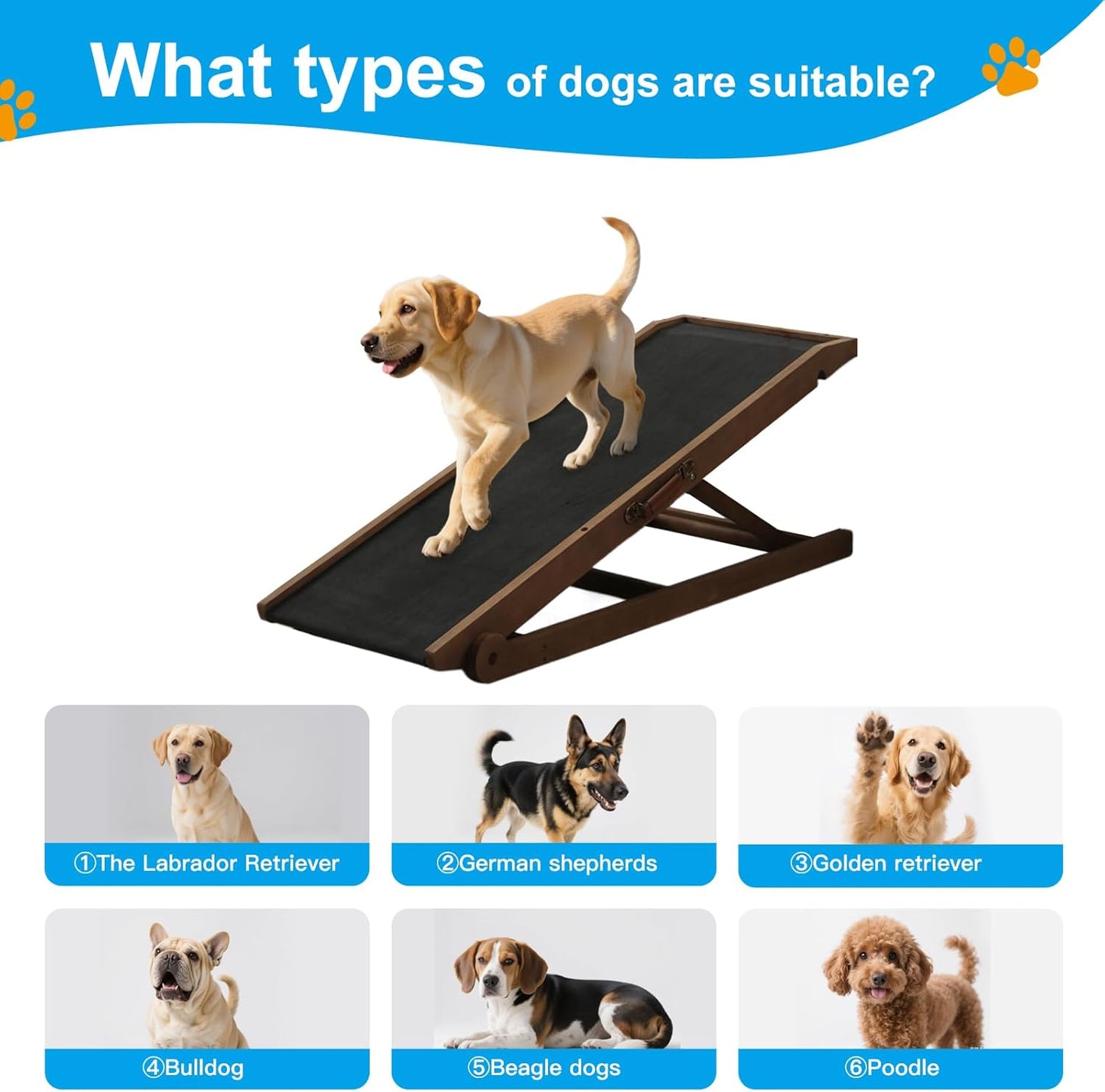 Dog Ramp for Bed and Couch, 5 Height Adjustable Solid Wood Pet Ramp for Small, Medium & Large Dogs, Collapsible Anti-Slip Dog Ramp for Sofa, Couch & Beds (Brown, 115)