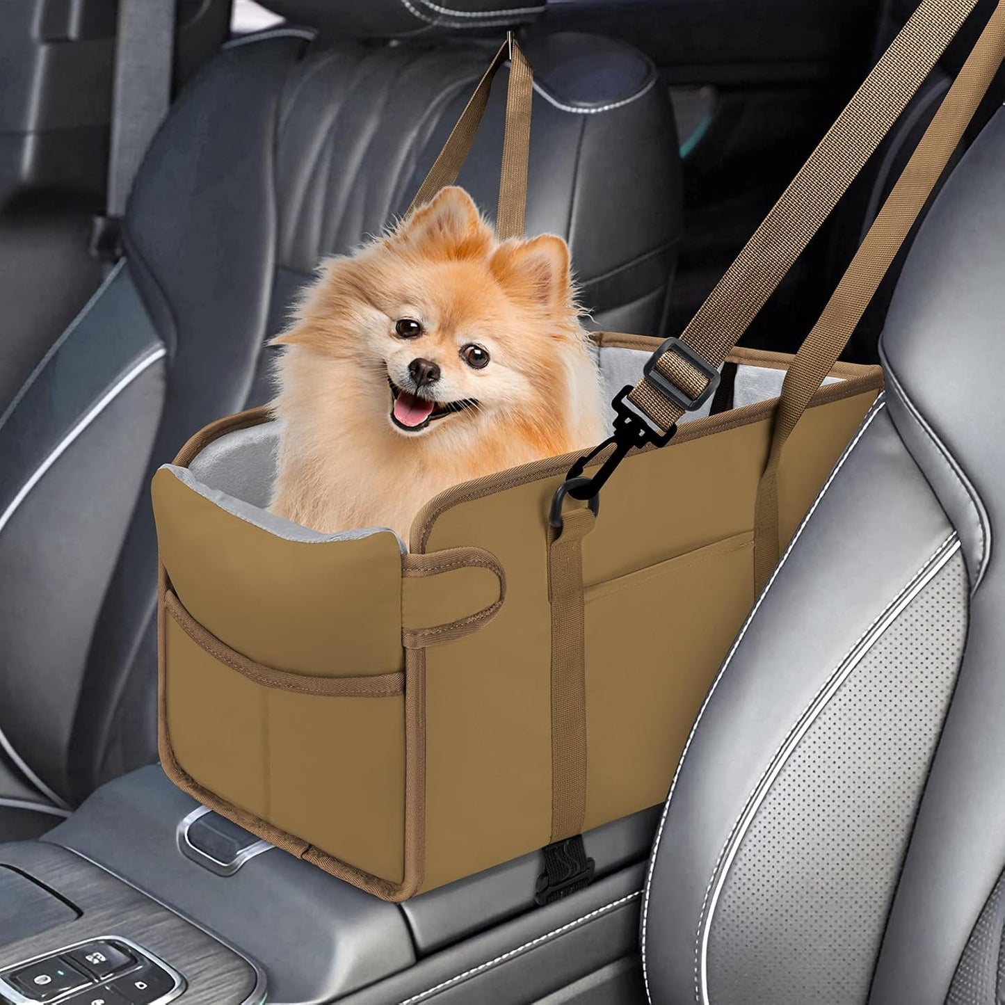 Portable Dog Car Seat for Small Dogs - Adjustable Safety Leash, Washable Cushion & Storage Pocket - Pet Booster Seat for Car Travel- Khaki
