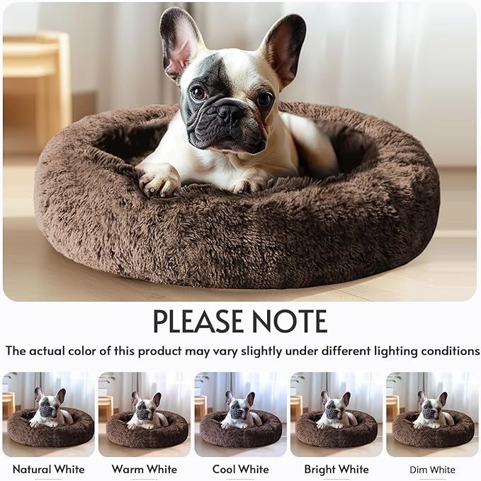 JOLLYVOGUE Calming Dog & Cat Bed for Small Dogs, Anti-Anxiety Donut Cuddler Cozy Soft Round Bed with Anti-Slip Bottom, Fluffy Faux Fur Plush Cushion Beds for Small Medium Dogs (20")