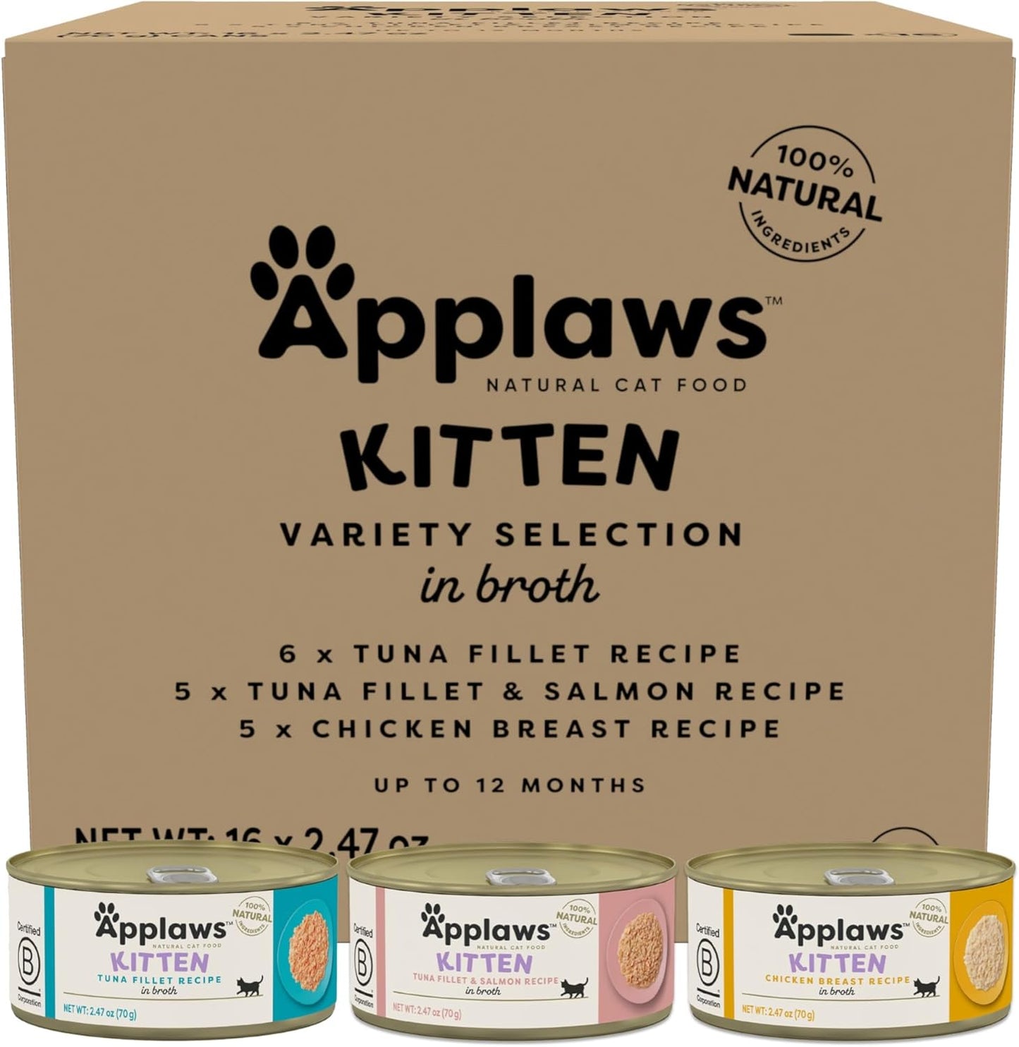 Applaws Natural Wet Kitten Food, Limited and Natural Ingredients, High Protein with No Artificial Additives, Kitten Variety in Broth (16 x 2.47oz Cans)