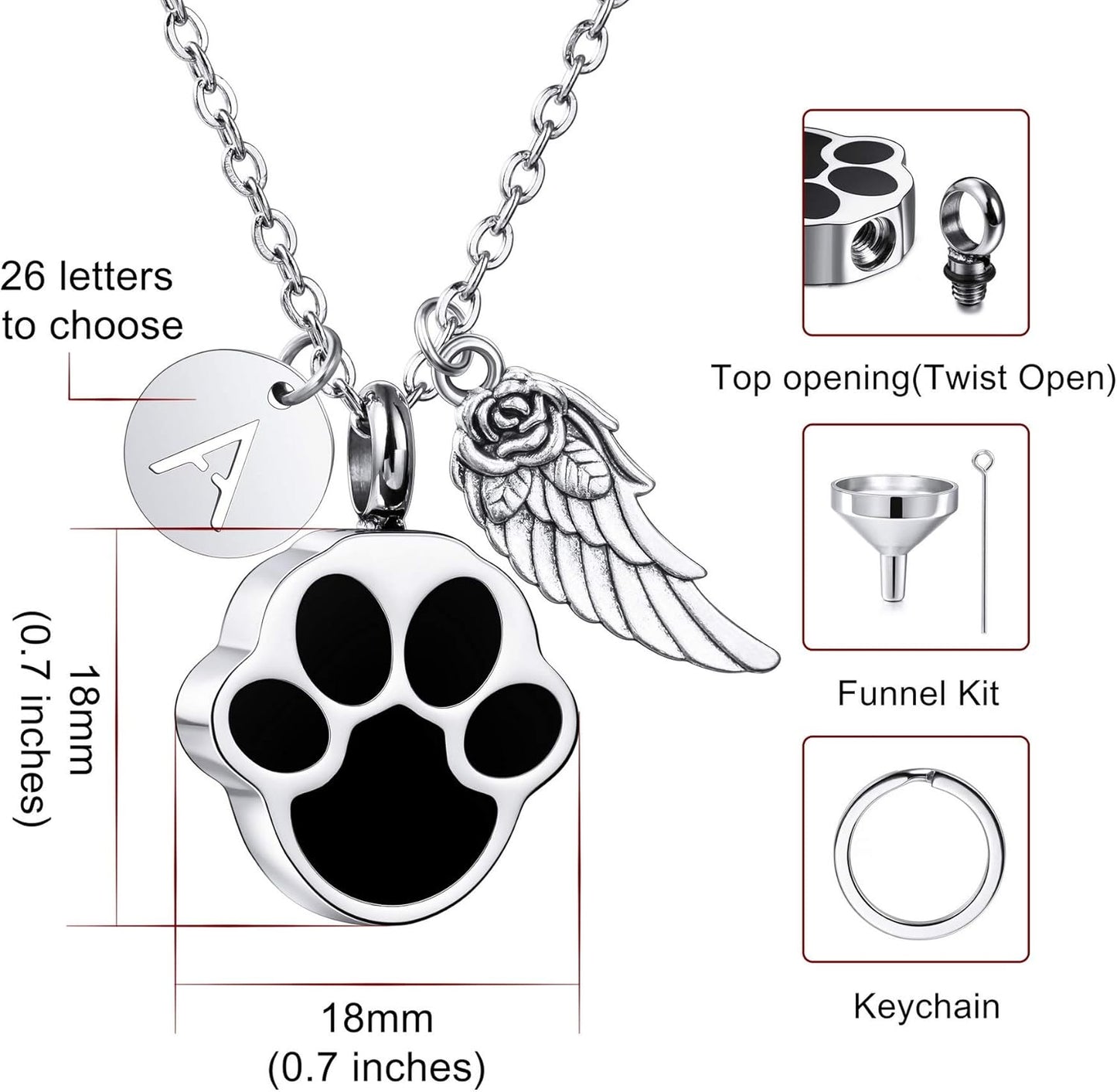 MeMeDIY Personalized Heart Paw Print Ashes Urn Pendant Necklace Custom Name/Photo/Date for Women Men Pet Lover Stainless Steel Memorial Dog Cat Pet Keepsake with Funnel Fill Kit Angel Wing